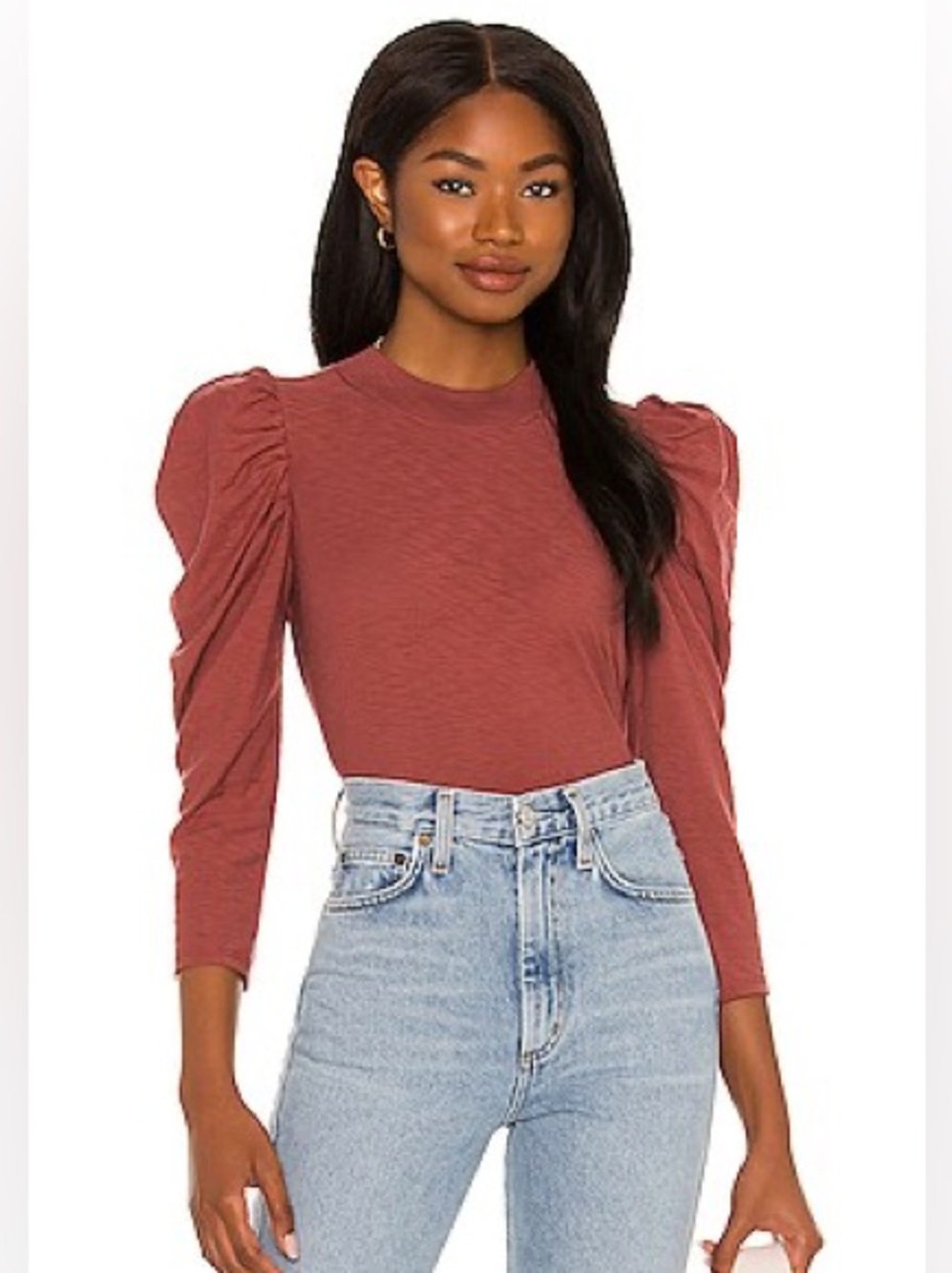 Nation LTD Zeta Snap Back Mock Neck Puff Sleeve Top Size Small Rusted Rose